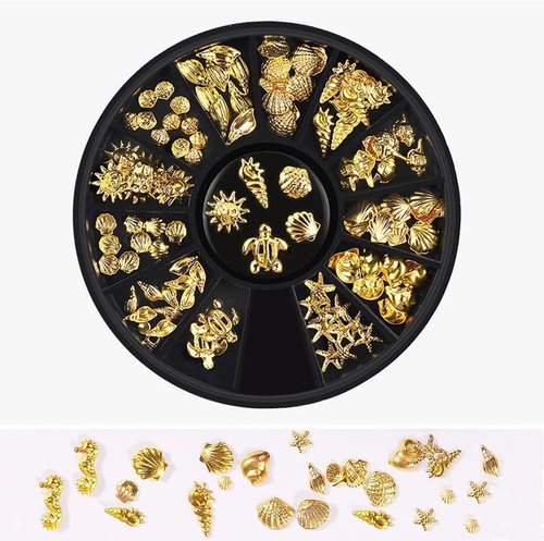 12 Styles Golds Nail Art Metal Studs Metallic 3D Pieces Rivet Palm Tree Turtles Marine Life Charms for Summer Beach Manicure DIY Acrylic Nails Design Supply Nail Art and Polish (Gold Ocean Studs)