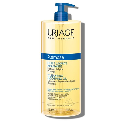 Uriage Xémose Cleansing Soothing Oil | Mild Foaming Nourishing Gel-in-oil, Face & Body, Fragrance & Soap-Free, 1 L / 34 oz