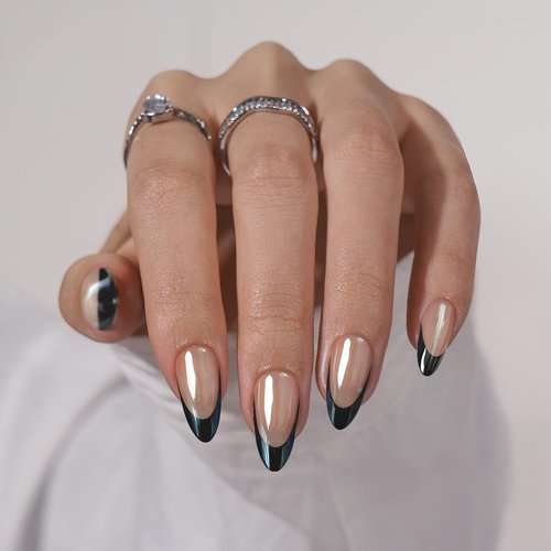 BTArtbox Press On Nails，Black Swan with Black French Set