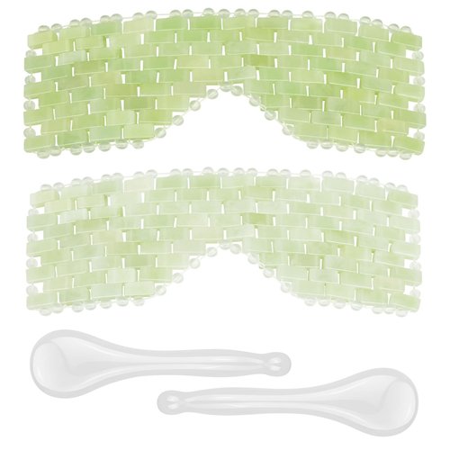 LazyGa 4 Pcs Jade Eye Mask & Skin-Safe Glass Facial Massage Tool, Jade Cooling Mask & Gua Sha Therapy Roller for Skincare Relieve Puffiness, Anti-Aging, Stress Relief