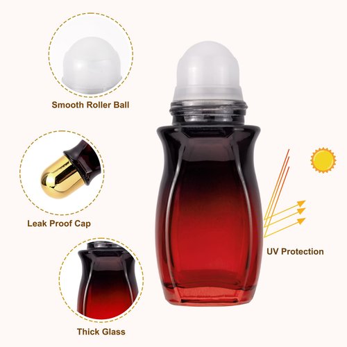 Newzoll 4 Pack 50mL Glass Roller Bottles for Deodorant, Essential Oil Roll On Bottles, Leak-Proof Refillable Rollerball Containers, Travel DIY Perfume Applicator, Black Red Gradient with Golden Caps