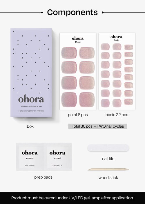 ohora Semi Cured Gel Pedi Strips (P Rosy Chrome) - Works with Any Nail Lamps, Salon-Quality, Long Lasting, Easy to Apply & Remove - Includes 2 Prep Pads, Nail File & Wooden Stick