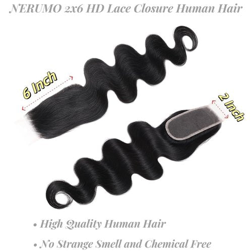 2x6 HD Lace Closure Body Wave Human Hair Transparent 2 by 6 HD Lace Closure 16Inch 100% Brazilian Virgin Unprocessed Middle Part Human Hair Kim K Closure With Baby Hair Natural Color