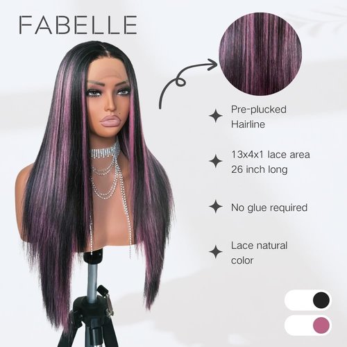 FABÉLLE Black and Pink Highlight Wig Lace Front Wigs Pre Plucked with Baby Hair Glueless Wig 26 Inch Long Straight for Women Pink Color Forehead Synthetic 13×4×1 Lace Front Wig