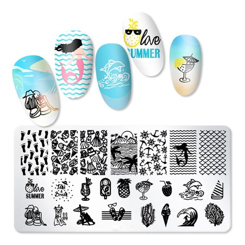 JERCLITY 6pcs Seaside Scenery Nail Stamping Plate Nail Stamping Kit for Nails Summer Beach Coconut Trees Sunset Waves Sea Animals Image Plates Nail Art Design Template Print Nail Stamper Kit for Women