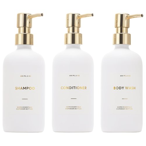 HOMCDALY Shampoo and Conditioner Dispenser, 21oz 3-Pack Refillable Pump Bottles, Shampoo Container, Empty Pump Bottle, Bathroom Shower Dispenser（21oz-White&Gold）