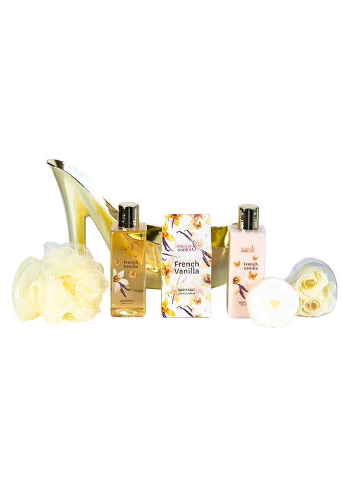 Freida & Joe Elegant 9-Piece Bath Set in High Heel Shoe – Luxurious Spa Gift Basket for Women, Includes Shower Gel, Body Lotion, Bath Salts, Soap Flowers, Bath Fizzer & Sponge (French Vanilla)