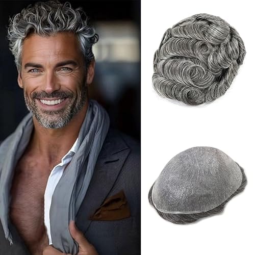 0.03mm Thin Skin Human Hair Men Toupee Full PU Base Hairpiece For Men Wig Grey Color Natural Wave Styles Human Hair Men's Wigs Replacement Systems 8x10 Size (1B50)
