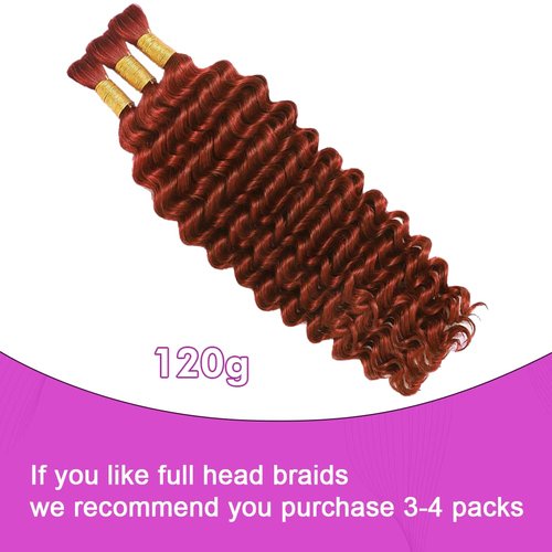 14 Inch 120g Dark Ginger Human Braiding Hair for Boho Braids100% Hair Extensions Deep Water Wave Boho Braiding Curly Wet and Wavy Bohemian Bulk Human Hair for Knotless