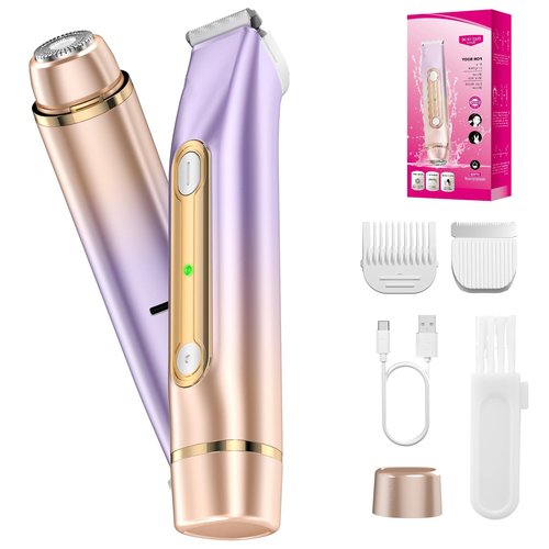 YLKGR 2 in 1 Bikini Trimmer for Women Dual Head Electric Razor IPX7 Waterproof Wet/Dry Use Women Electric Shaver, Body Facial Hair Remover for Bikini Legs Arm Underarm, Rechargeable