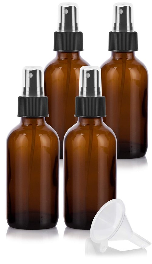 JUVITUS 4 oz Amber Glass Boston Round Bottle with Fine Mist Black Spray (4 pack) + Funnel