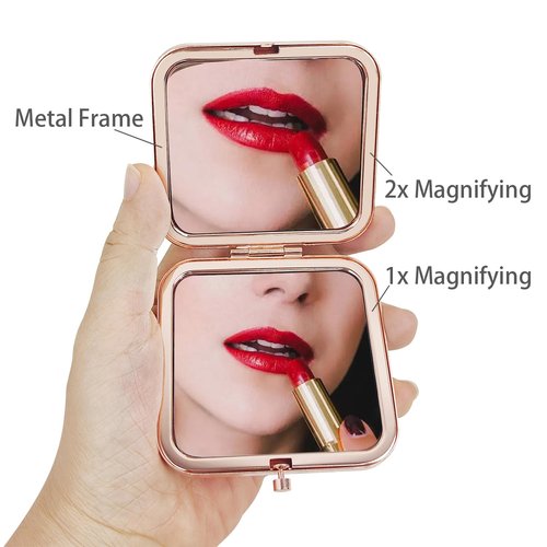 PDOZV Purse Mirror Compact, Rosegold Square 2.8”×2.8” Metal Frame DropRubber Style Double Sided 1X/2X Small Mirror for Purse (Ethinc01)