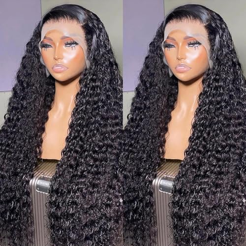 13x4 Deep Wave Lace Front Wigs Human Hair 28 Inch HD Transparent Human Hair Lace Frontal Wigs for Women 200% Density Deep Curly Lace Front Wigs with Baby Hair Pre Plucked Glueless Deep Wave Wig