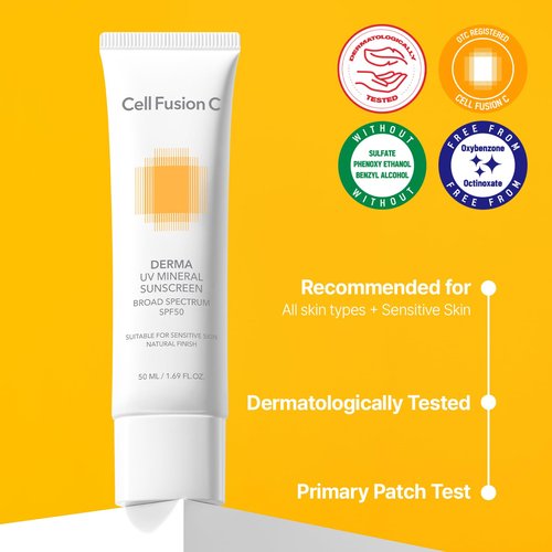 Cell Fusion C Derma UV Mineral Sunscreen SPF 50, Face Sunscreen for Sensitive Skin, Made with 19% of Zinc Oxide, Natural Finish, 50ml / 1.69 fl.oz