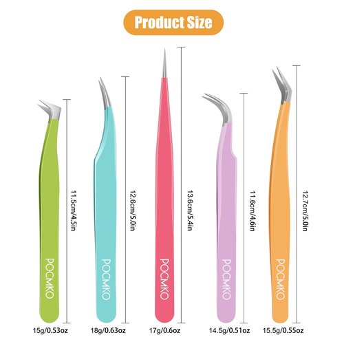 POCMKO Lash Tweezers for Eyelash Extensions, Lash Extension Tweezer Kit for Beginner, Colorful Eyelash Tweezers Set of 5 for Volume, Isolation and Classic Lashes
