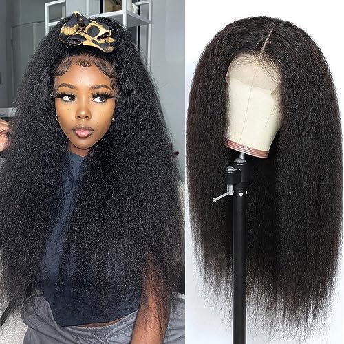 Kinky Straight Wig 24 Inch 180% Density Yaki Straight Human Hair Wig With Pre-Plucked Hairline & Adjustable Straps,Natural Black 13x4 Lace Front Wigs Human Hair For Black Women