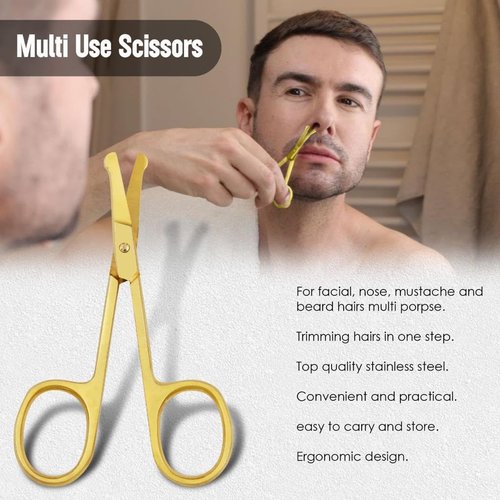 FAMCO Eyebrow Scissors with Comb, Professional Eyebrow kit for Women Grooming, eye brow kit for Beauty scissors with Curved and Rounded Safety Tip, Gold tijeras para cejas with Spoolie Brush