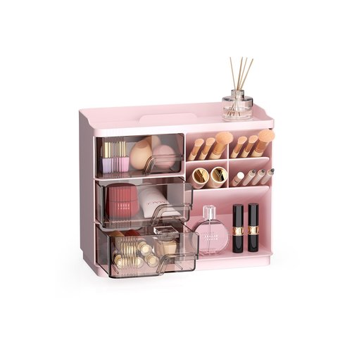 REAXYZNN Makeup Organizer with Drawers, Multi-Function Vanity Organizer Countertop, Stackable Lipstick Organizer for Makeup Brush Skincare, Pink
