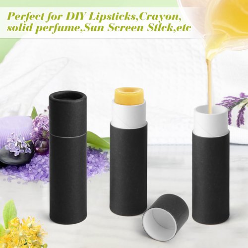 BOSMIOW 20Pcs 7g Paperboard Lip Balm Tubes Lipstick Containers Round Refillable Kraft Containers for Solid Ointment Deodorant Sample Vial DIY Cosmetic Storage,Push-Up Style,Black