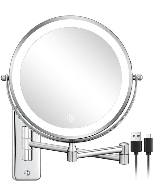 DECLUTTR Wall Mounted Lighted Makeup Mirror, Rechargeable 1X/15X Magnifying Mirror 8 Inch Double Sided, 3 Colors Vanity Mirror with Lights, Touch Dimmable 360° Rotation Foldable