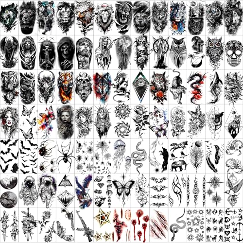 102 Sheets Halloween Tiny Temporary Tattoos Stickers, Fake Tattoos That Look Real And Last Long, Halloween Include Black Scary Wolf Lion Tiger Skeleton Skull Tattoos