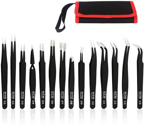 HengTianMei Precision Tweezers Set, ESD Anti-Static Stainless Steel Tweezers Set for Craft, Jewelry, Electronics, Laboratory Work (14 PCS)