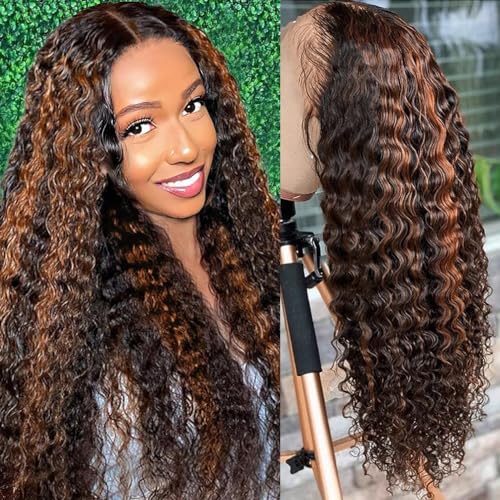 Super idol Omber Highlight Deep Wave Lace Front Wigs Human Hair Brazilian Lace Closure Wigs 4¡¿4 Ombre Human Hair Wig P1B/30 Free Part Human Hair Wig for Black Women (26 Inch, 1B/30 Highlight Wig)
