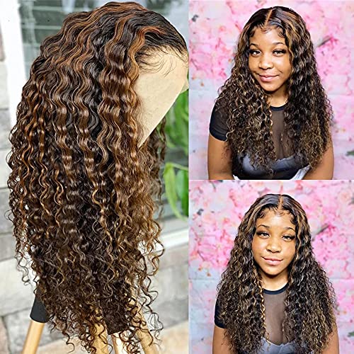 ten chopsticks Wigs HD Transparent 13x6 Highlight Ombre T4/27 Color Curly Lace Front Wig Pre Plucked Bleached Knots Human Hair Wigs for Women Brazilian Deep Wave Curly Wig Human Hair 14inch