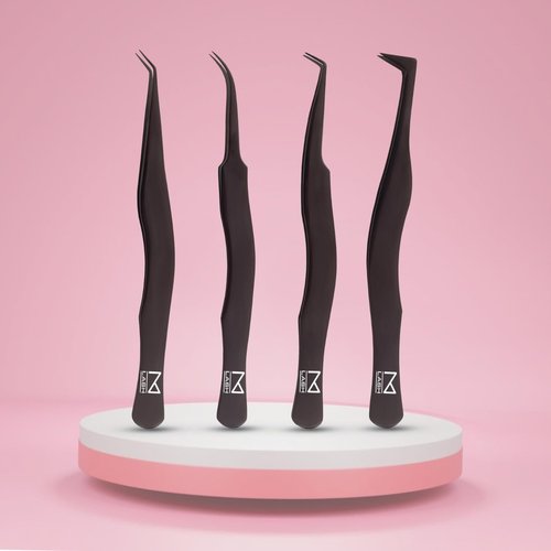 M LASH Eyelash Tweezers for Eyelash Extensions (Set of 4) - Professional Lash Extension Tweezers - Fiber Tip Lash Tweezers, Japanese Steel, Diamond Grip For Flawless Application (Black)
