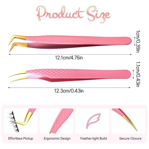TIESOME Lash Tweezers for Eyelash Extensions, 2 PCS Pink Stainless Steel Eyelash Tweezers Set Premium Curved Tip Precision Lash Tweezer Professional False Eyelashes Application Tools