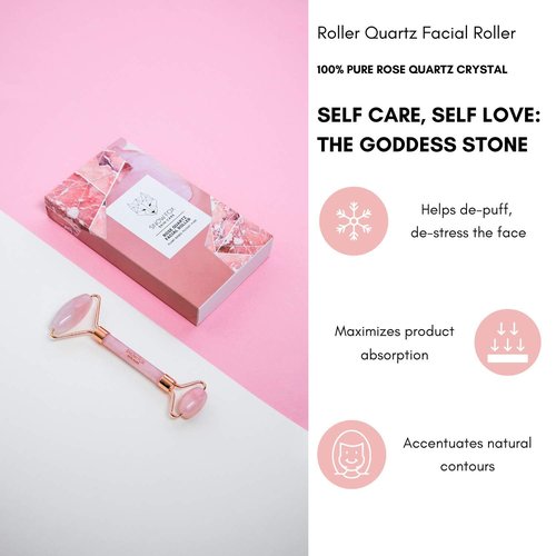 Snow Fox Skin Care Hand-Carved Rose Quartz Facial Roller – Authentic Crystal Face Roller with Dual Ends, Noiseless Design & Real Quartz Handle – Cooling, De-Puffing, Relaxing Self-Care Tool