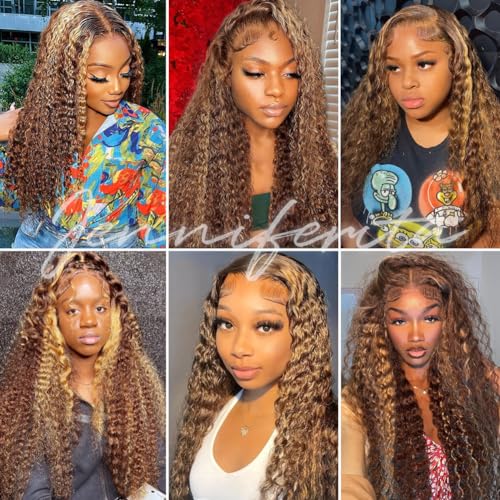 26inch Wear and Go Glueless Deep Wave 4/27 Highlight HD Transparent Lace Front Wigs Human Hair Wet and Wavy Curly Lace Frontal Wigs Pre Plucked with Baby Hair 200% Density