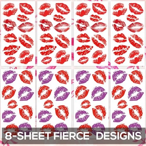 Kiss Lips Temporary Tattoos ? 8 Sheets Kiss Mark Temporary Tattoos for Women Men ? Ideal for Halloween, Festivals, Parties, Mother's Day, Valentine's Day