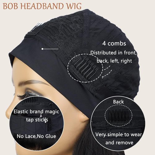 Comfair Headband Wig Human Hair Bob Short Straight Human Hair Headband Wig Wear And Go Glueless Wigs 180% Density None Lace Natural Color Bob Short Human Hair Wigs for Black Women