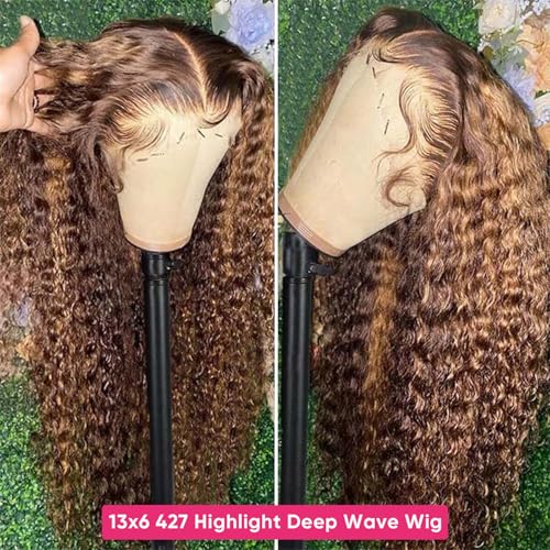 20 Inch Ombre Highlight Deep Wave Lace Front Wig Human Hair 13x6 HD Honey Blonde Lace Frontal Wigs 200 Density 4/27 Glueless Curly Wigs Human Hair For Women
