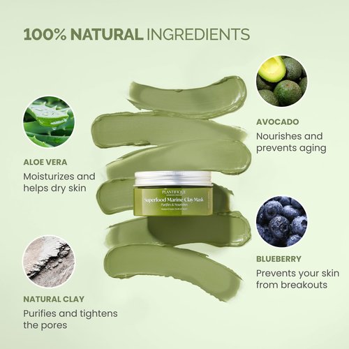 PLANTIFIQUE Korean Skincare Clay Mask – Hydrating Mud Mask with Avocado & Superfoods, Dermatologist-Tested for Face & Body – Vegan, 3.4 Oz/100ml (Pack of 2)