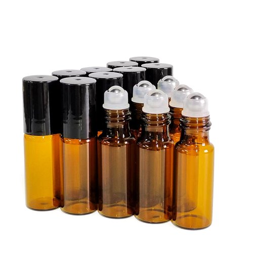 PYAWI 50 PCS 5ml Amber Glass Roller Bottle,Essential Oil Sample Vials with Stainless Steel Roller Ball,Black Caps,for Travel Perfume Cosmetics Small Container(2 Funnels, 2 Dropper, 1 Opener) (5ml)