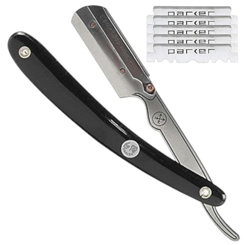Parker SRB Straight Edge Barber Razor – Stainless Steel Blade Arm & Resin Handle – Uses Half Double Edge Razor Blades – Includes 5 Pre-Cut Blades – Professional Shaving Tool