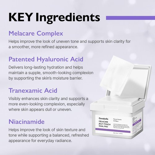 Genabelle Melacare Jelly Touch Dual Pad – Radiance-Boosting & Hydrating Toner Pads with Niacinamide & Tranexamic Acid – Targets Dark Spots and Hyperpigmentation – 4.05 fl oz