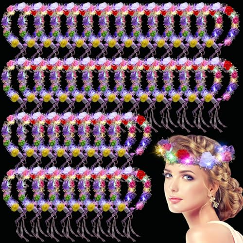 Syhood 40 Pcs LED Flower Headband, Light up Flower Crown Garland Headdress Floral Headpiece for Women Hair Accessories Bridal Shower Holiday Birthday Wedding Party(Rose Style)