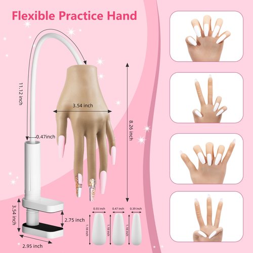 Practice Hand for Acrylic Nails - Acrylic Fake Mannequin Practice Hand - Flexible Hands Model With Powder and Liquid Full Nail Kit for Beginners