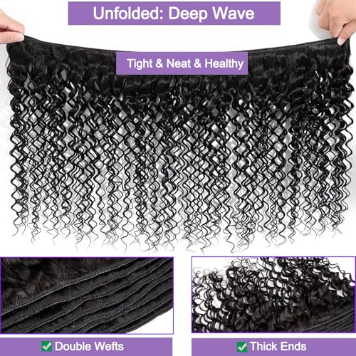 Deep Wave Human Hair Bundles 22 24 26 Inch Deep Wave Bundles 100% Unprocessed Brazilian Virgin Hair 3 Bundles 12A Curly Bundles Hair Extensions Real Human Hair Quick Weave Bundles Natural Color