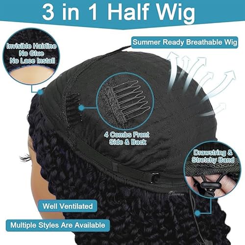 Kinky Curly Half Wig Human Hair 200% Density 3 In 1 Headband Wig Human Hair Glueless Wear and Go Beginner Friendly Drawstring Seamless Flip Over Half Wigs Human Hair Natural Black 22 inch