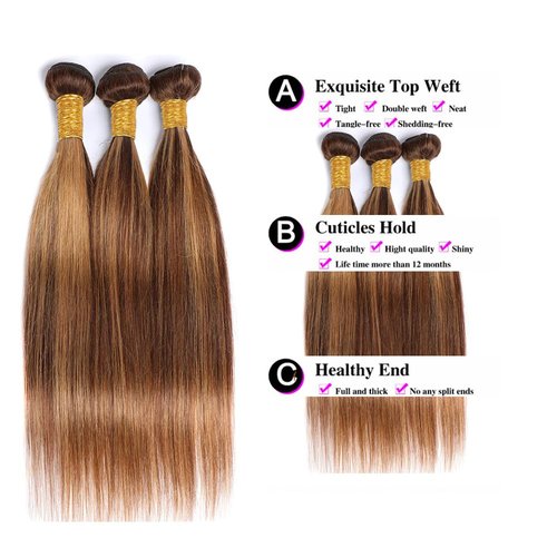Biliisyff Highlight Bundles Human Hair P4/27 Straight Ombre Honey Blonde Bundle 10 10 10 Inch 8a Grade Double Weft Two Tone Blonde Mixed With Brown Human Hair Extensions
