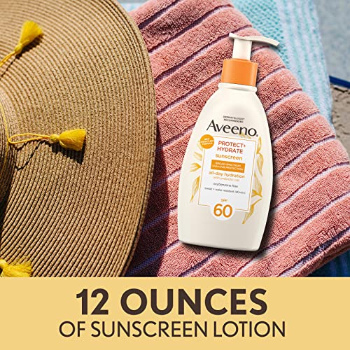 Aveeno Protect + Hydrate Sunscreen Moisturizing Lotion with Prebiotic Oat, Broad Spectrum SPF60, Paraben, & Oil Free, Weightless, Water & Sweat Resistant (80-min) for Sensitive Skin, 12 Fl Oz
