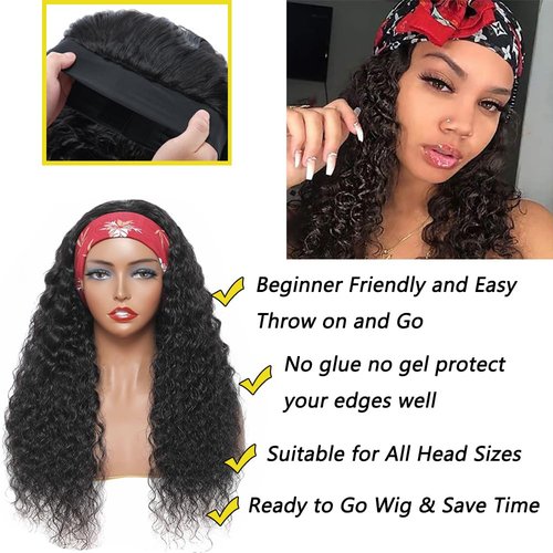 Unvizossa Headband Wig Human Hair Deep Wave None Lace Front Wigs Human Hair Curly Headband Wigs for Black Women 150% Density Natural Color 14 Inch