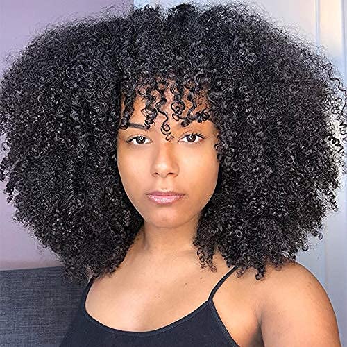 Afro Kinky Curly Wig With Bangs Full Machine Made Scalp Top Wig 200 Density Brazilian Short Curly Human Hair Wigs Natural Color 18 Inch