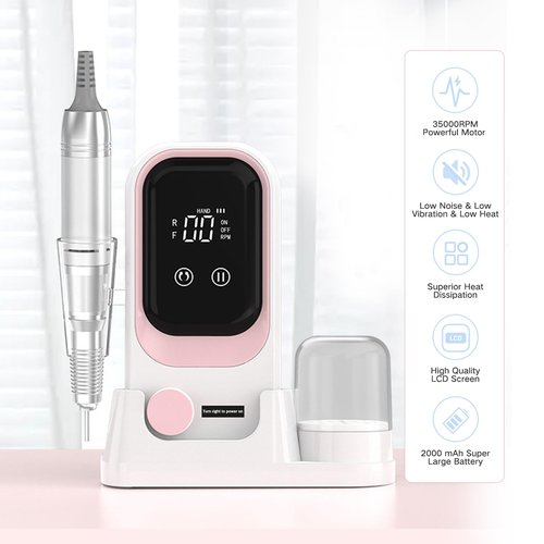 Portable Electric Nail Drill, 35000 RPM Professional Electric Nail File, Cordless Nail Drill with Bits & Base (White & Pink)