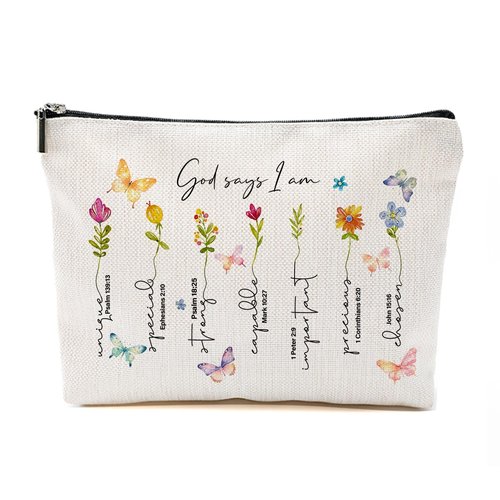 God Says I am Makeup Bag, Christian Gifts for Women, Bible Verse Floral Makeup Bag, Butterfly Inspirational Present, Toiletry Zipper Organizer Cosmetic Bag Travel Purse for Daughter Sister BFF