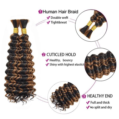P430 Boho Hair for Braiding 16 16 16 Inch Deep Wave Bulk Brown Braiding Hair Deep Curly #30 Highlight Human Braiding Hair Extensions for Woman